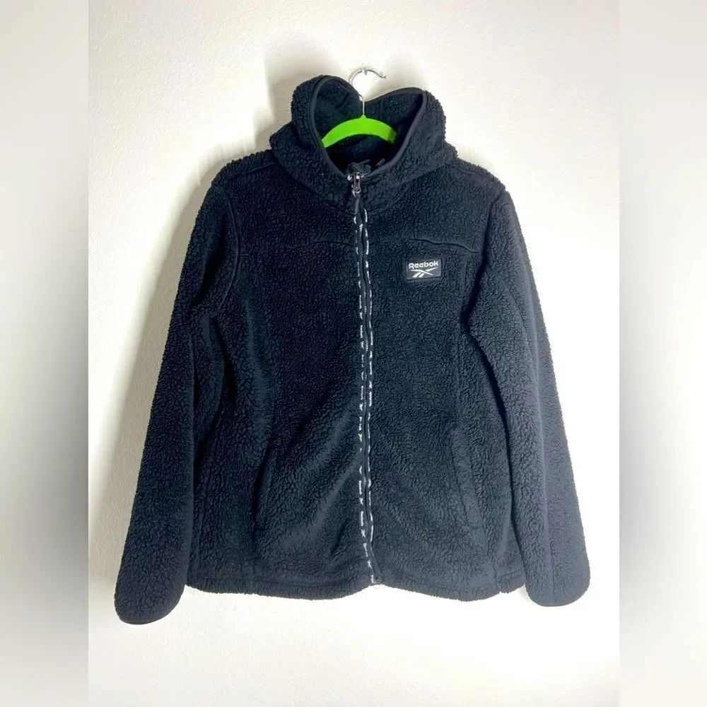 Reebok Jacket Womens Size L Black Fuzzy Fleece Hooded Full Zip